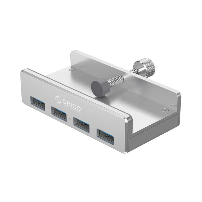 Silver clamp-mounted four-port USB hub with visible ORICO branding