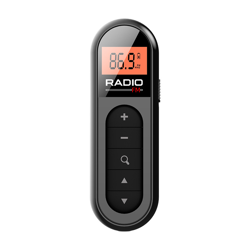 Black compact FM radio receiver with an orange display and front control buttons