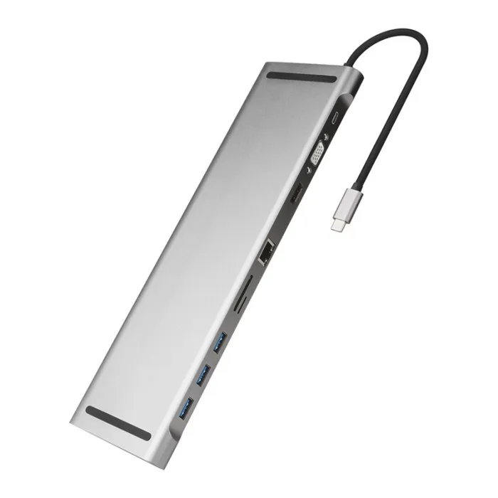 Silver docking hub and laptop stand with several ports and an attached lead