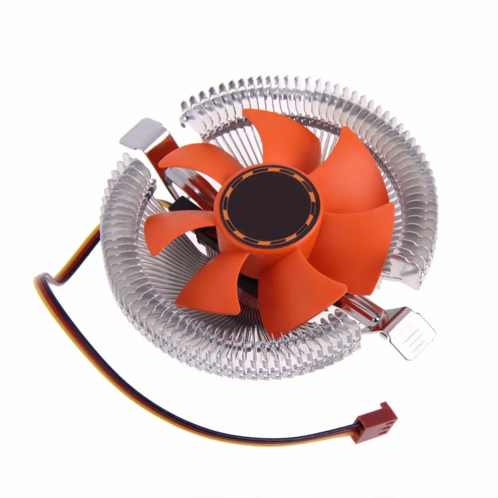 Orange CPU cooling fan surrounded by a silver heatsink, with mounting clips and power lead