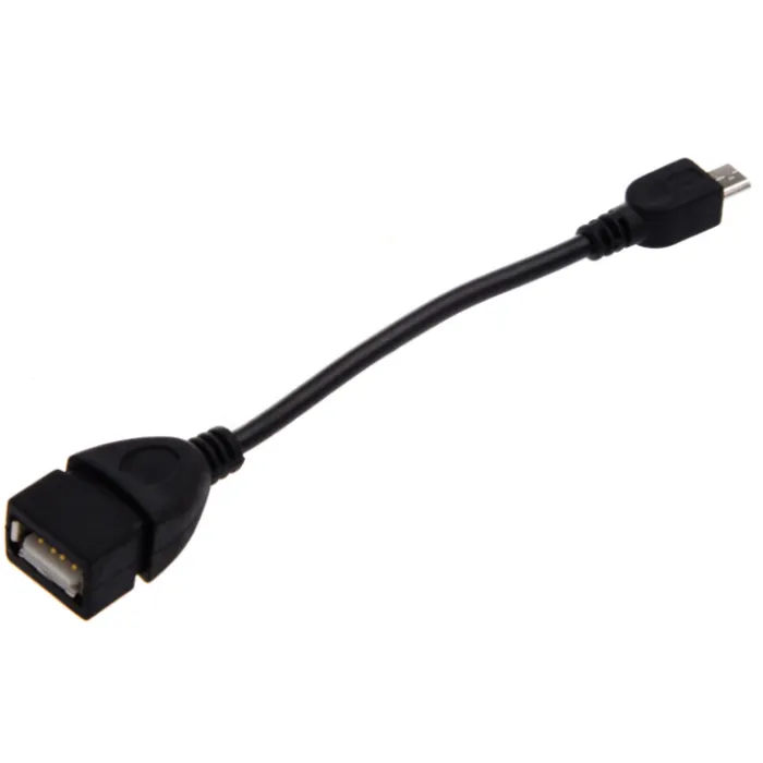 Short black cable with USB-A female and Micro USB male connectors