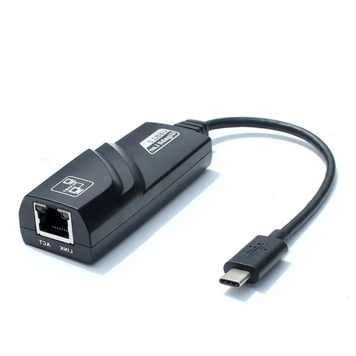 Black USB-C Ethernet adapter with an RJ45 socket