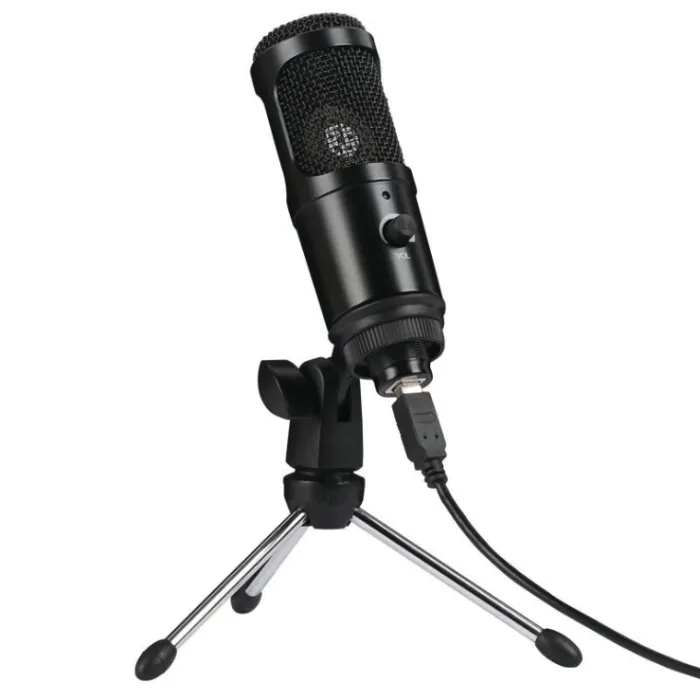 Black USB condenser microphone on its small tripod stand