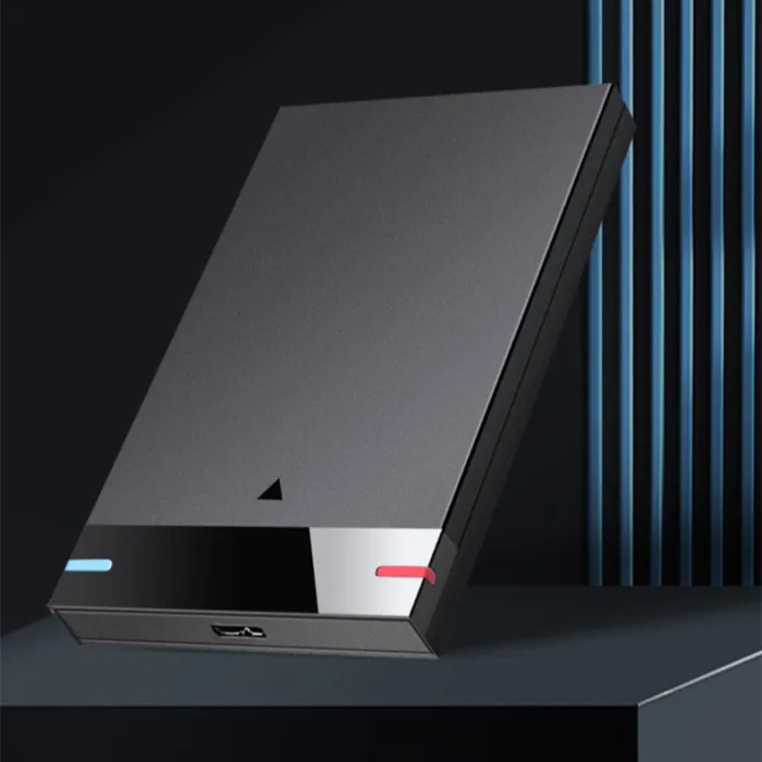 Dark rectangular external drive enclosure standing upright
