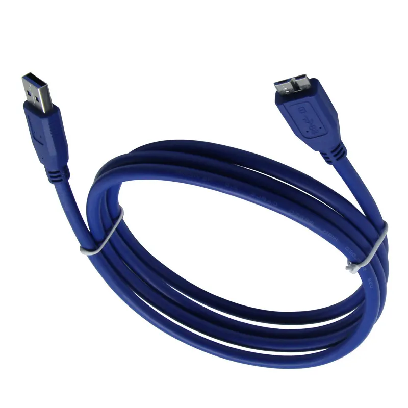 Blue USB-A to wide Micro-B cable shown coiled on a white background