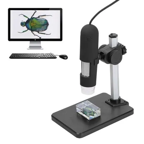 Black USB microscope on a stand with a separate desktop computer inset