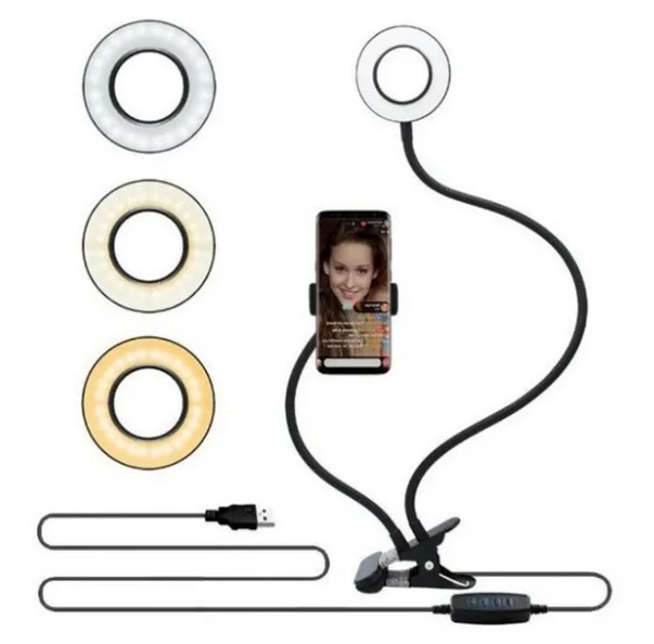 USB ring light with flexible arm, desk clamp and phone holder, shown in several lighting modes